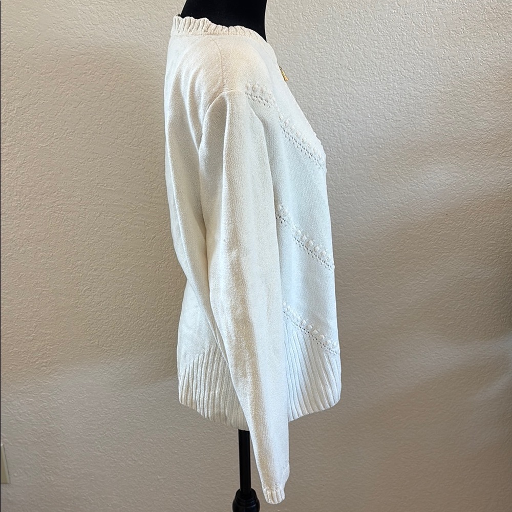 St. John Cream Zipper Wool Cardigan with Cable Knit Design - Picture 6 of 13